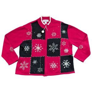 Tiara International Vintage Red Black White Snowflake Beaded Zip Up Cardigan XL